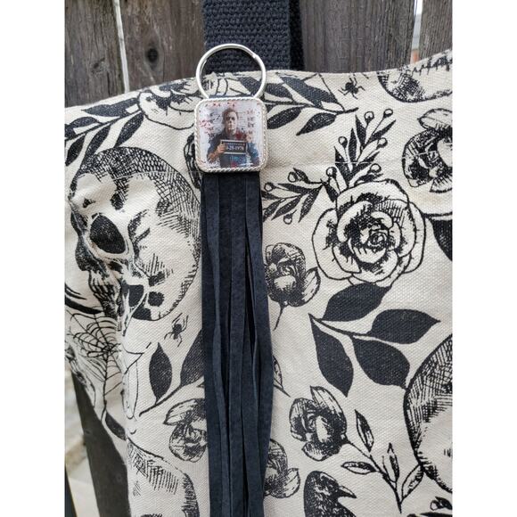 Handmade Halloween horror Leather Fringe purse bag charm keychain spooky vibes - Picture 3 of 4